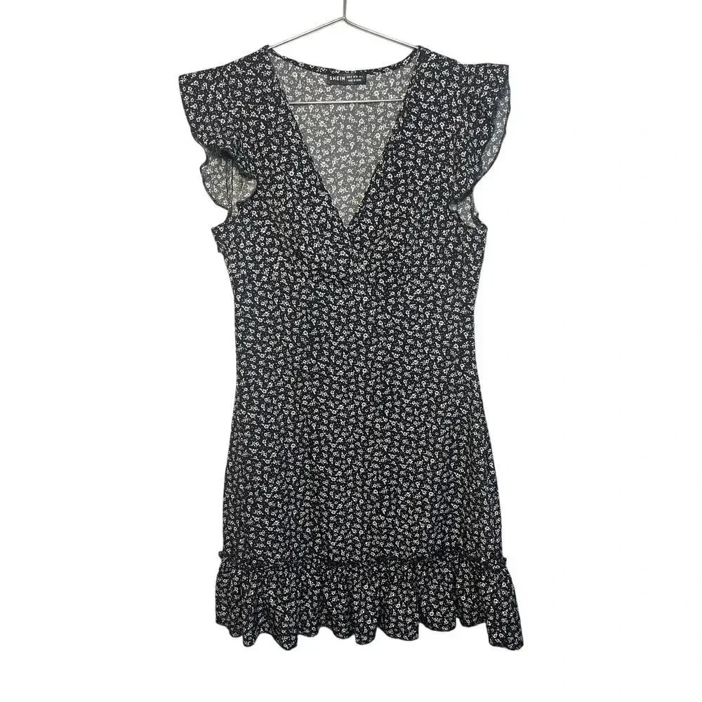 SHEIN Ditsy Mini Floral V Neck Fitted Ruffle Trim Short Dress Women's Size Small